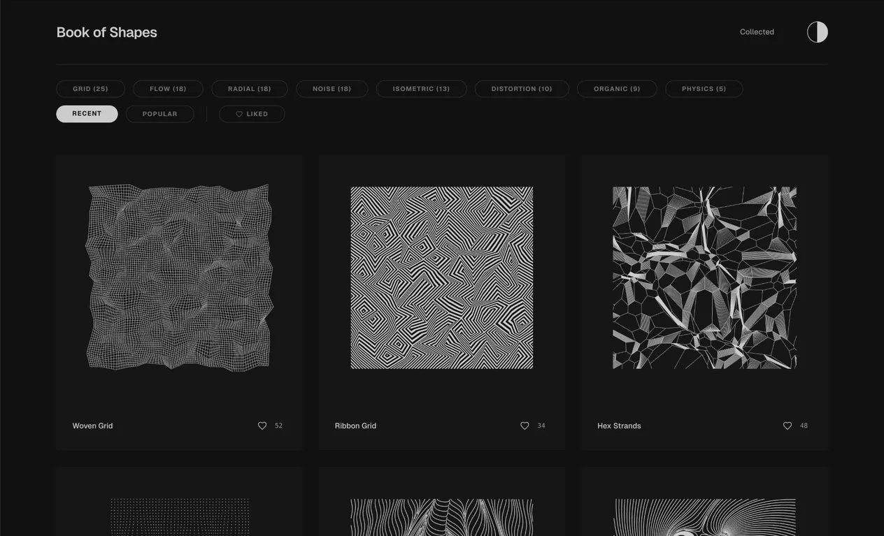 Book of Shapes: dunkle Galerie mit schwarz-weißen, generativen Mustern wie Woven Grid, Ribbon Grid und Hex Strands