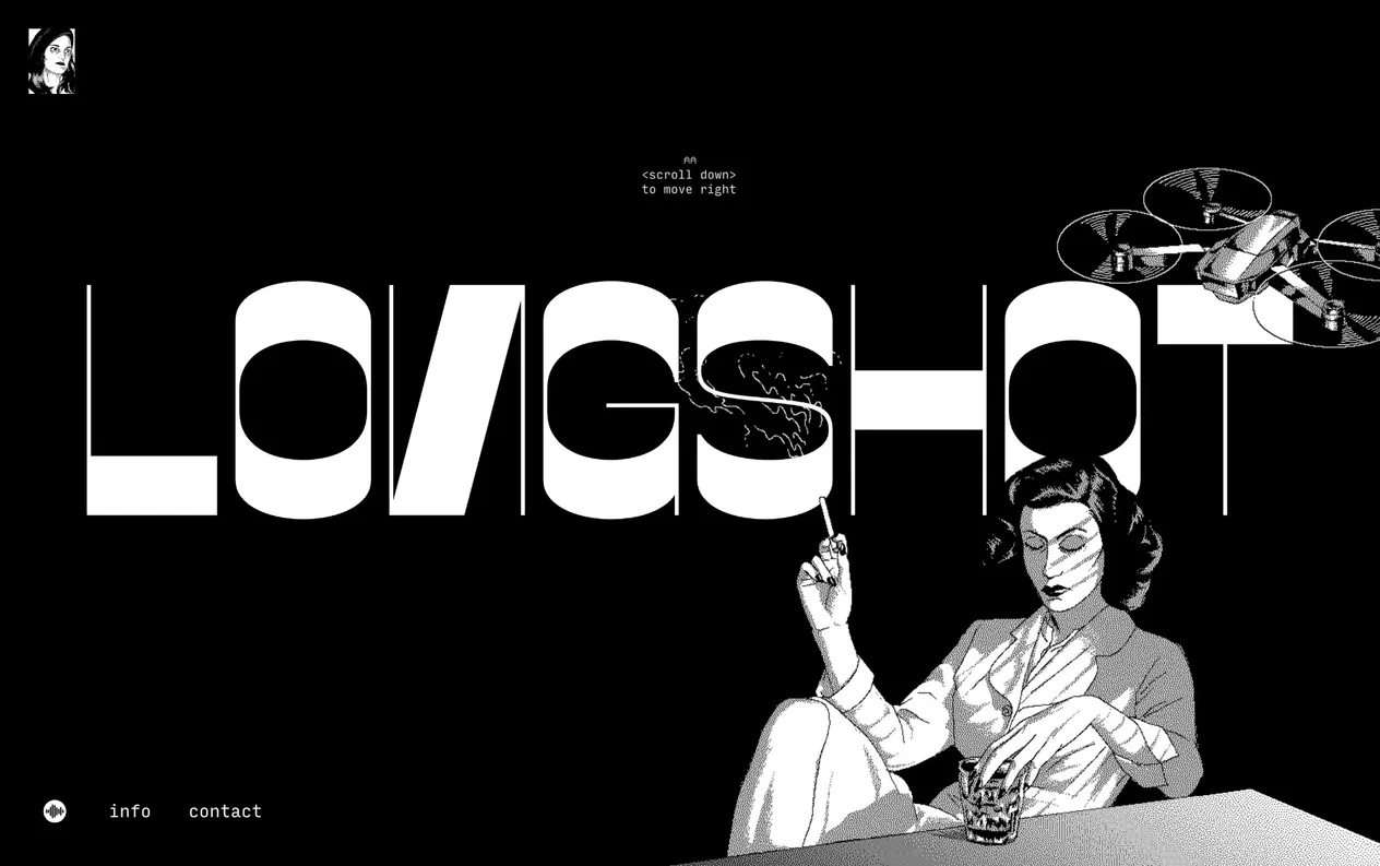 Startseite von longshotfeatures.com: der Schriftzug LONGSHOT in riesigen weißen Buchstaben auf Schwarz, davor eine gepixelte Illustration einer Frau mit Zigarette und eine Drohne