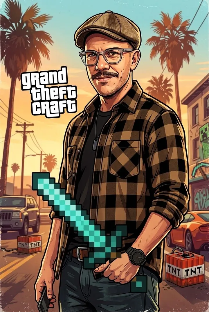 Illustration im Stil von Grand Theft Auto: Mann mit Schiebermütze und Brille hält ein Minecraft-Diamantschwert, dazu der Schriftzug „Grand Theft Craft“